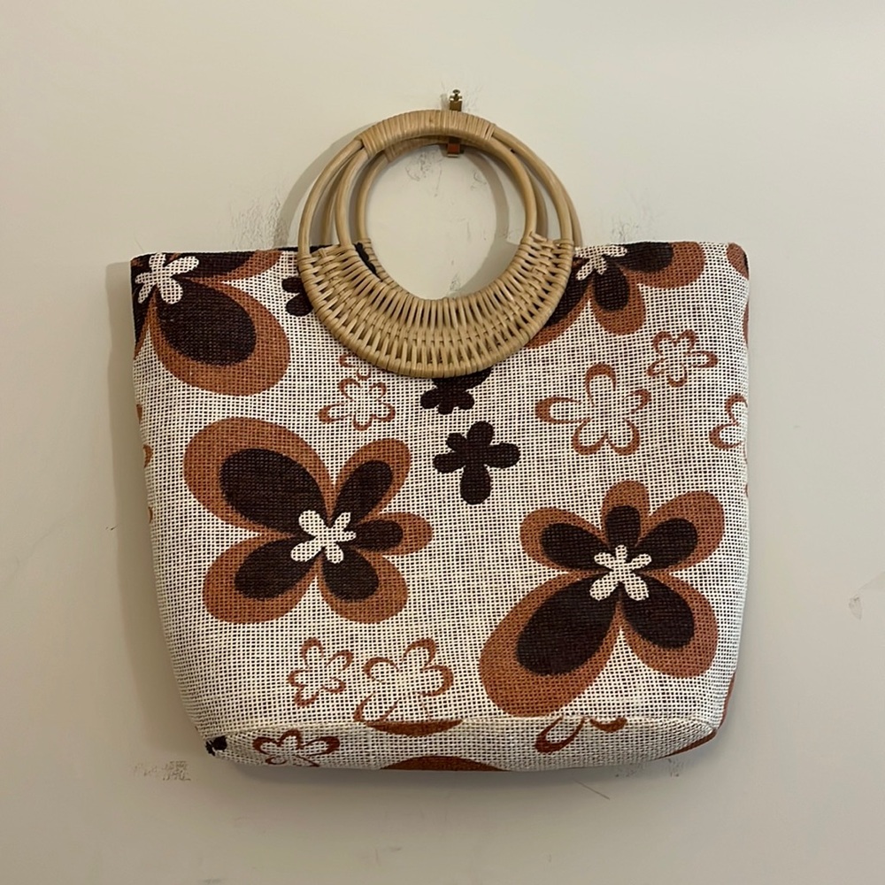 Tan Floral Straw Tote Bag Wicker Handle